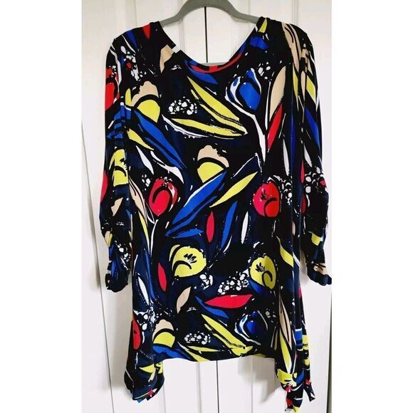 Premise 3X Top Multicolor Abstract Art Asymmetrical Sides Stretch Slinky 3/4 Slv - Picture 2 of 8